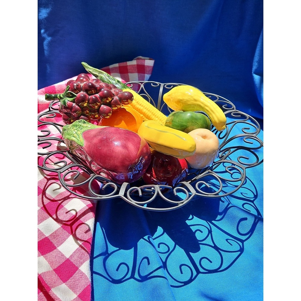12 Ceramic Fruit Vegetables Eggplant Corn Pear Grapes Lemon Pepper Squash Banana